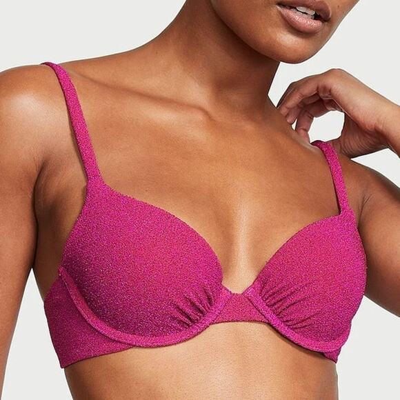 VS Swim Shimmer Icon Push-Up Top + Side-Tie Brazilian Bikini Bottom Forever Pink - Picture 2 of 7